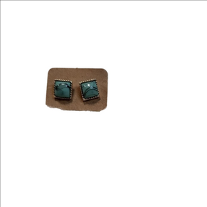 Gold Trim Blue Turquoise Princess Cut Post Earrings
